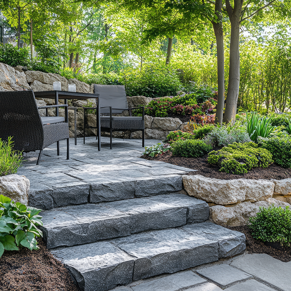 backyard patio with stone steps and lush landscaping