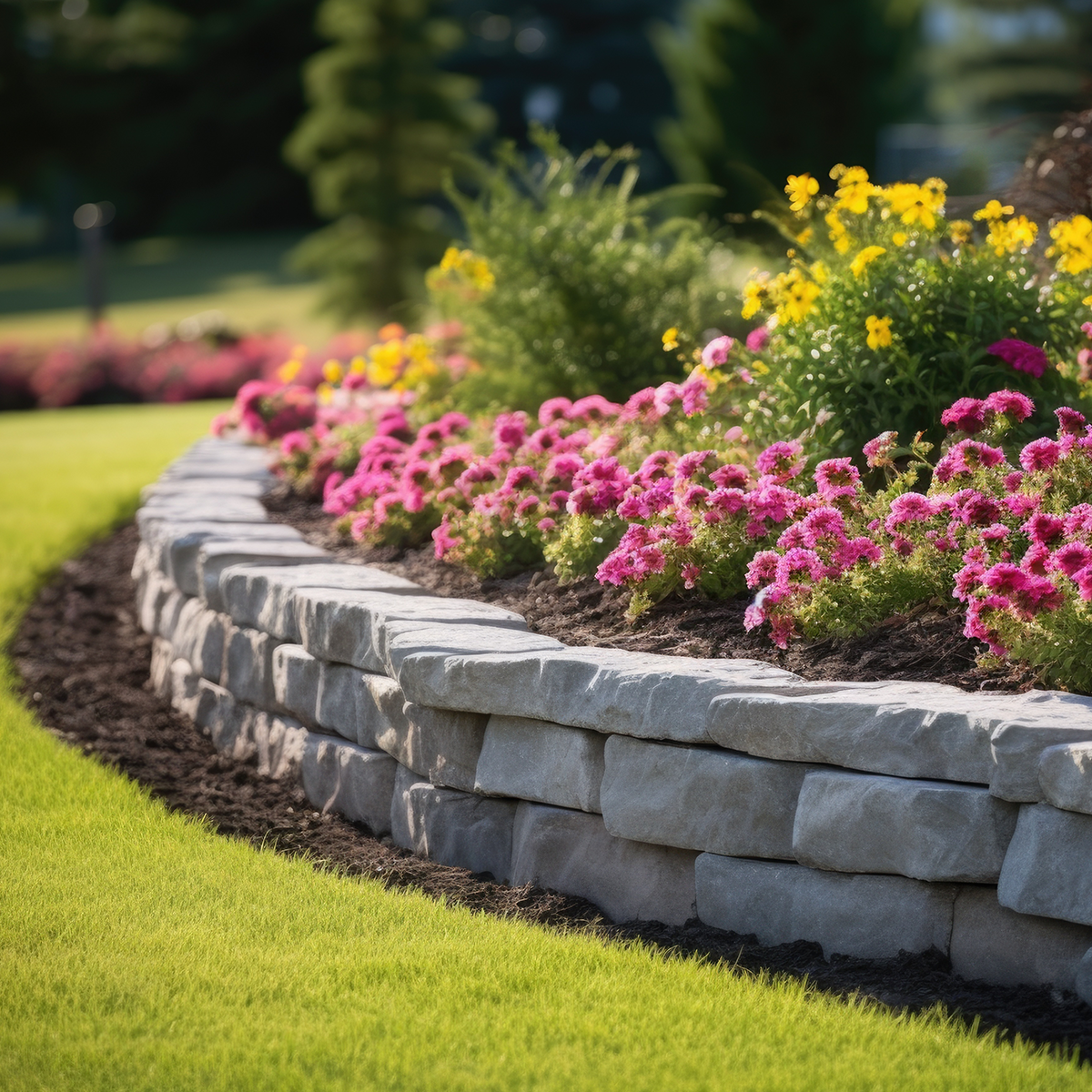stone wall enclosing a flower bed