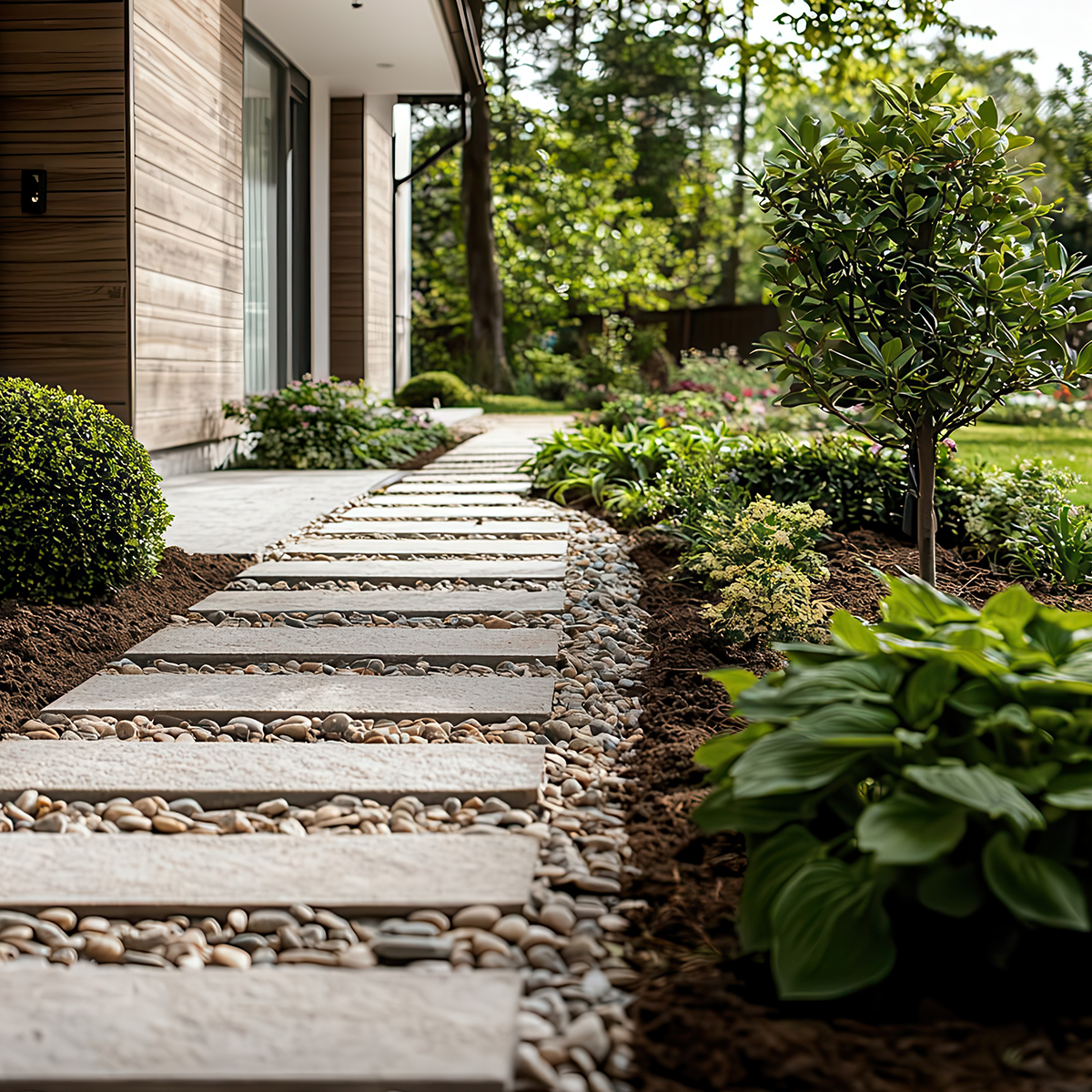 Stone pathway and mulched landscaping bed