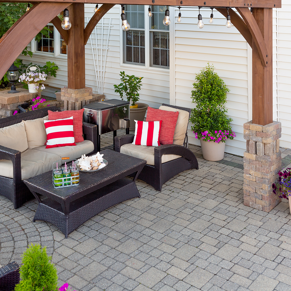 Outdoor seating area on a paver patio